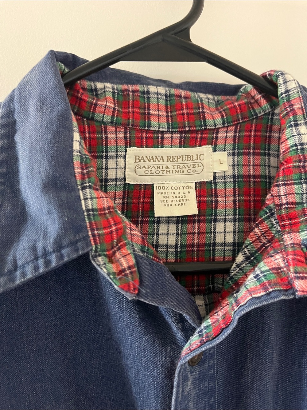 Vintage 1980s Banana Republic Blue Denim Shirt with Red Green Plaid Lining - Picture 2 of 4